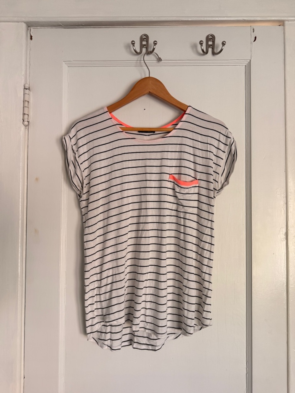 Papermoon White & Black Striped Tee with Coral Trim